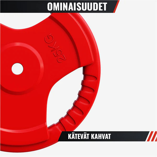 Kumipinnoitettu levypaino 25 kg otekahvoilla, 30 mm