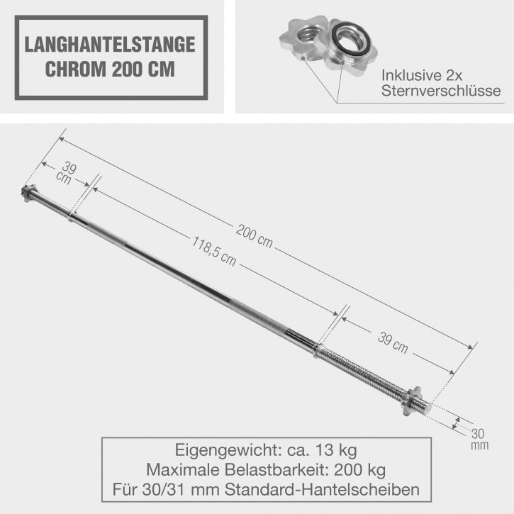 Suora levytanko kierrelukoilla 200 cm