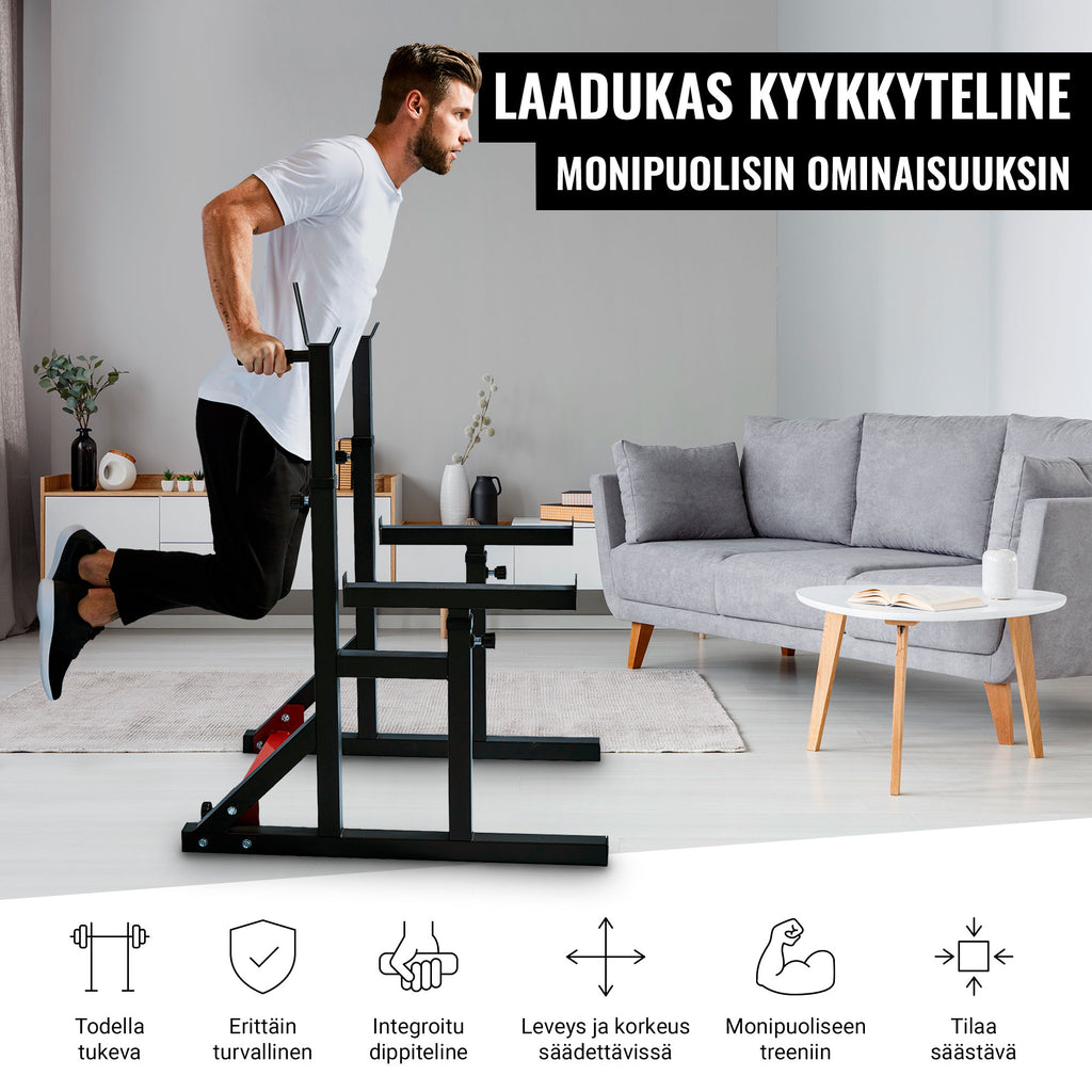 Säädettävä kyykkyteline varmistusraudoilla ja dippikahvoilla