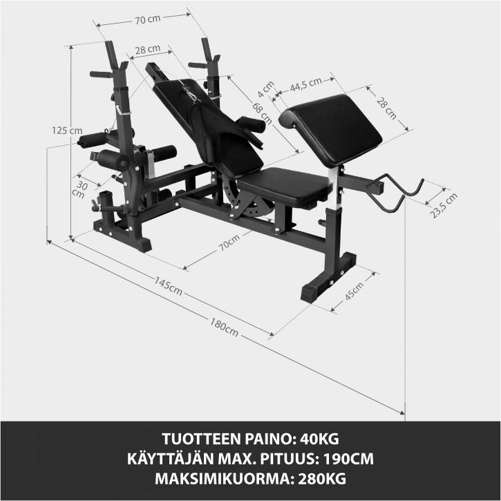 Säädettävä monitoimipenkki max 280 kg, Black Edition