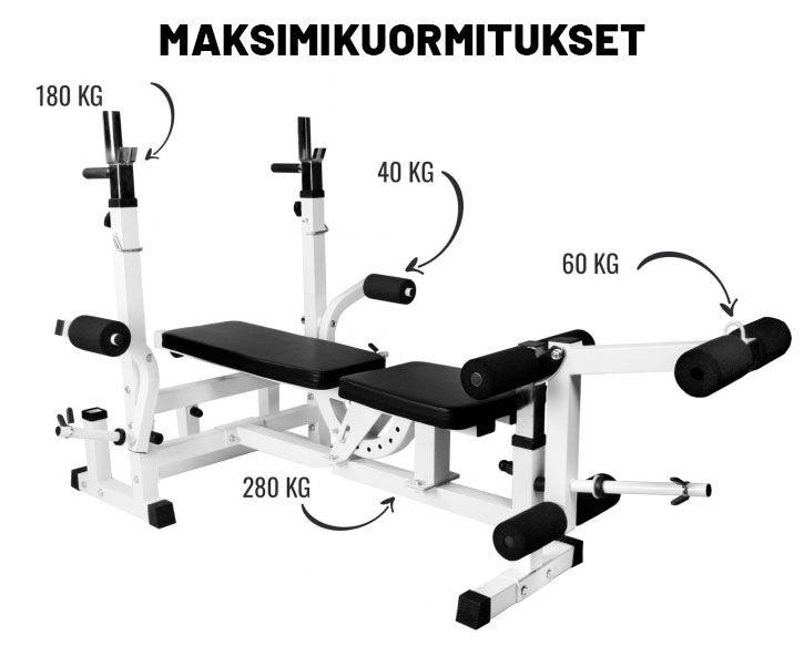 Monipuolinen painonnostopenkki + 108 kg levytankosarja