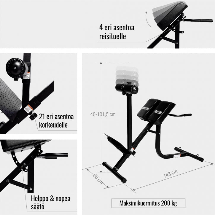 Säädettävä selkäpenkki jalka- ja reisituella