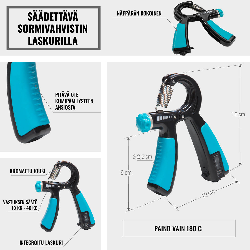 Säädettävä käsipuristin laskurilla 5–60 kg