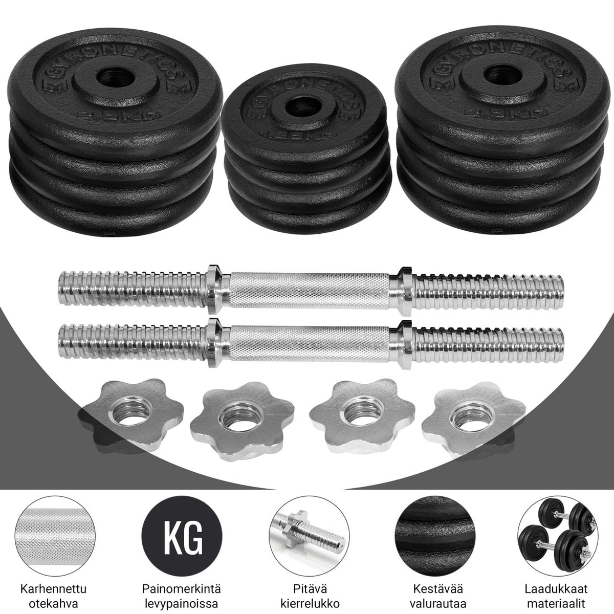 Valurautainen käsipainosetti 30 kg kierrelukoilla, 25mm