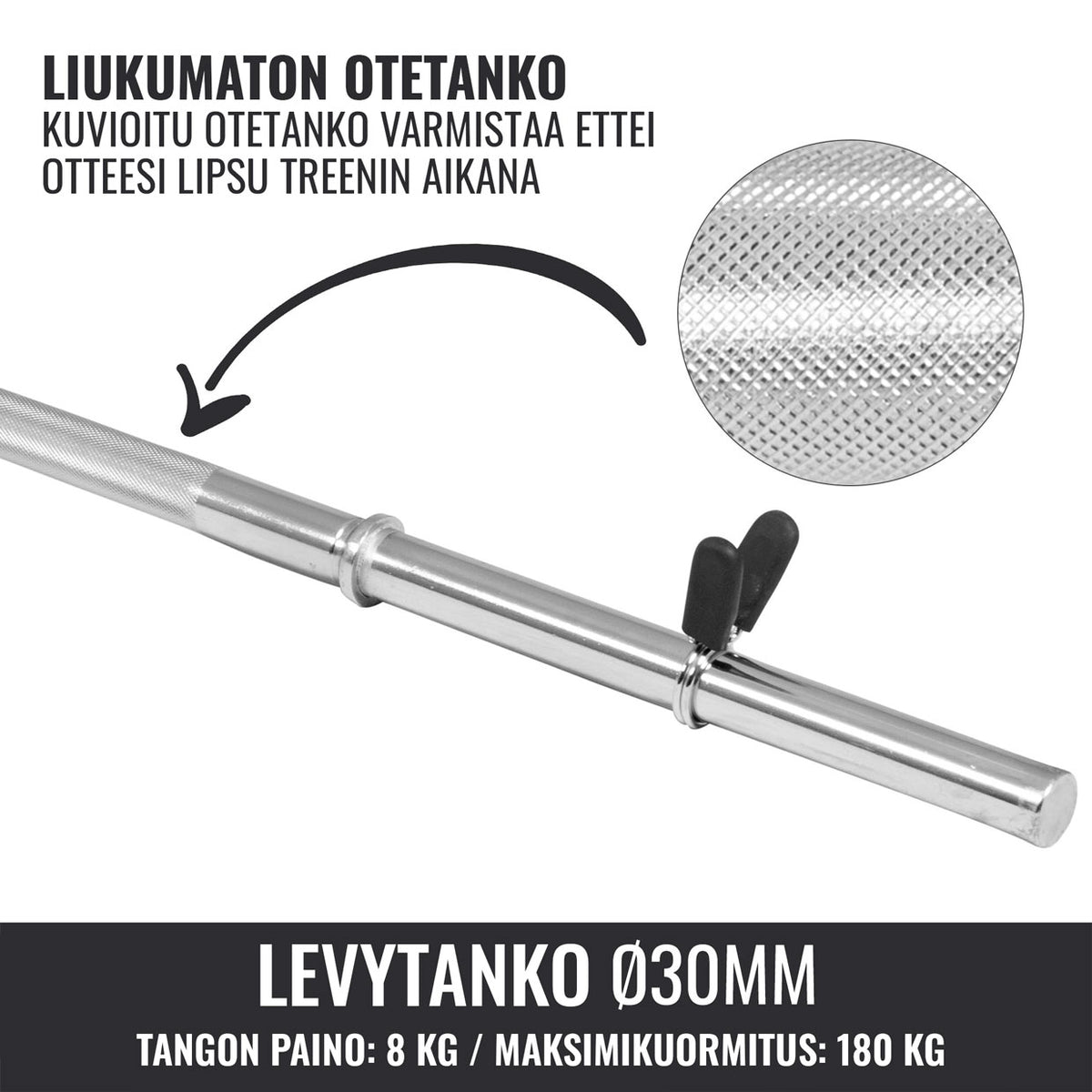 Suora levytanko 120 cm jousilukoilla, 30 mm