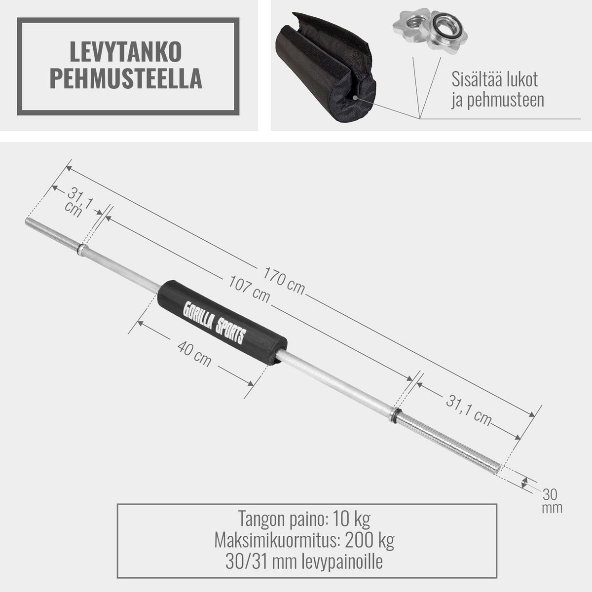 Suora levytanko 170 cm kierrelukoilla ja tankopehmuste