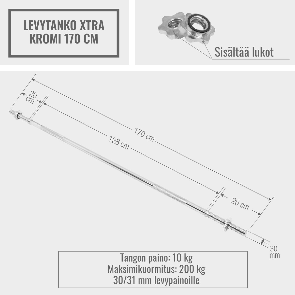 Suora levytanko 170 cm leveällä oteleveydellä