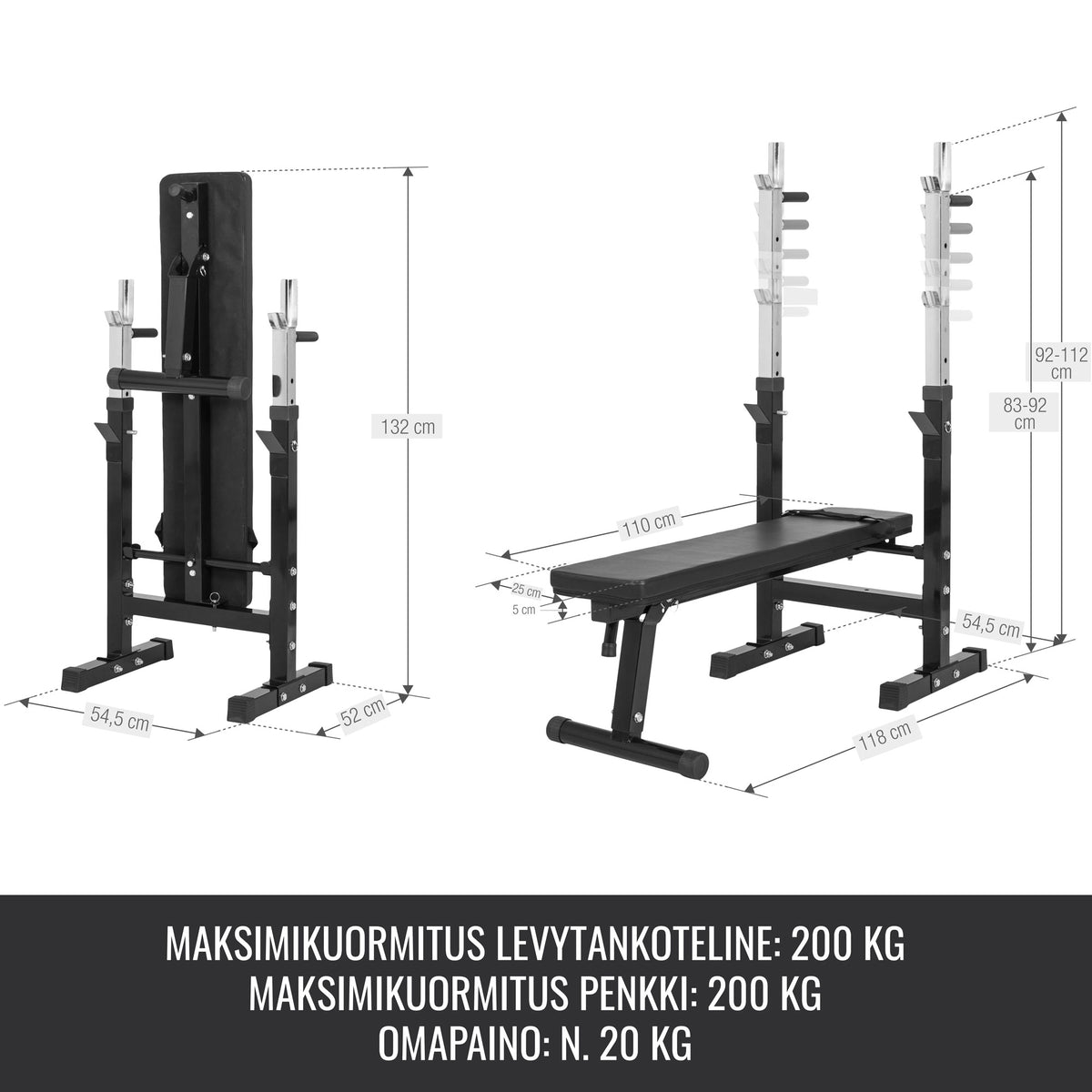 Säädettävä painonnostopenkki ja levytankosarja 100 kg
