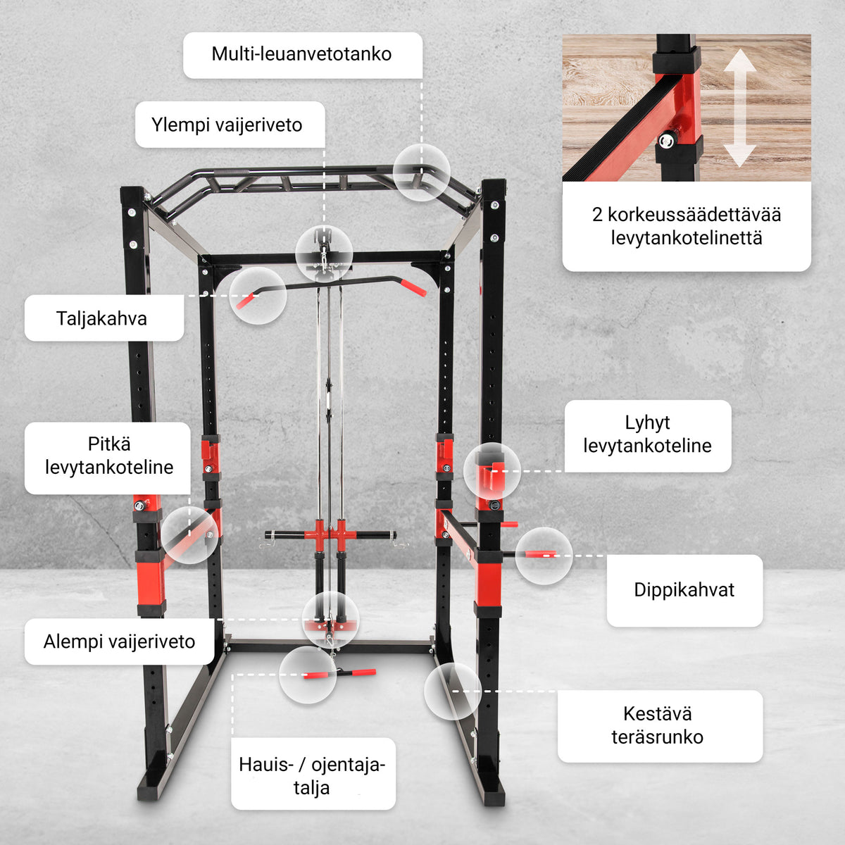 Power Rack kyykkyhäkki ala- ja ylätaljalla