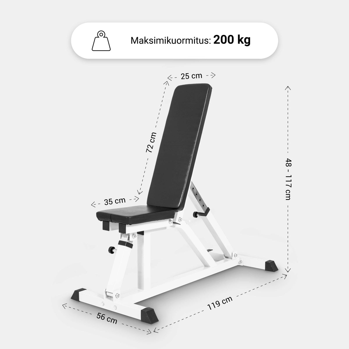 Säädettävä vinopenkki max 200 kg, valkoinen