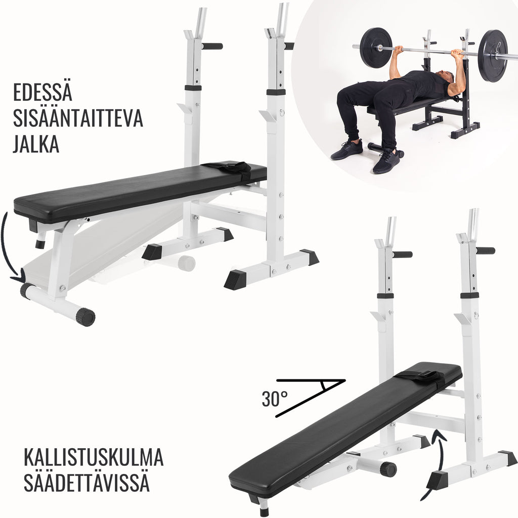 Säädettävä punnerruspenkki dippikahvoilla, valkoinen