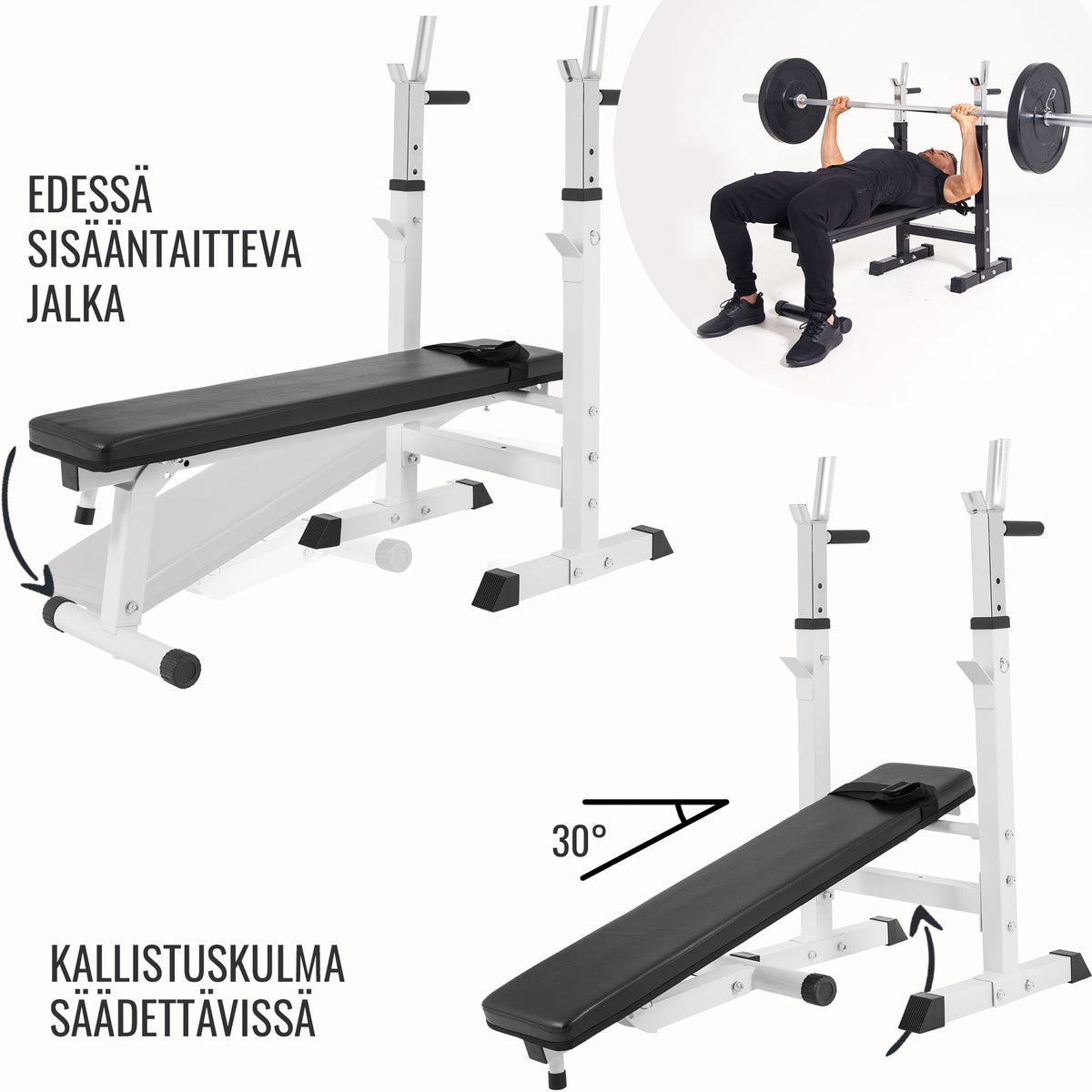 Säädettävä punnerruspenkki dippikahvoilla, valkoinen