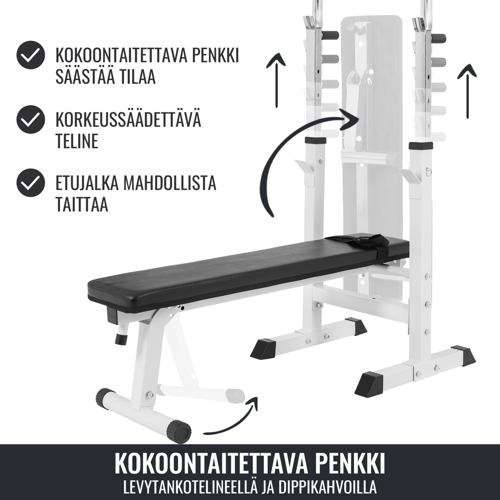 Säädettävä punnerruspenkki dippikahvoilla, valkoinen
