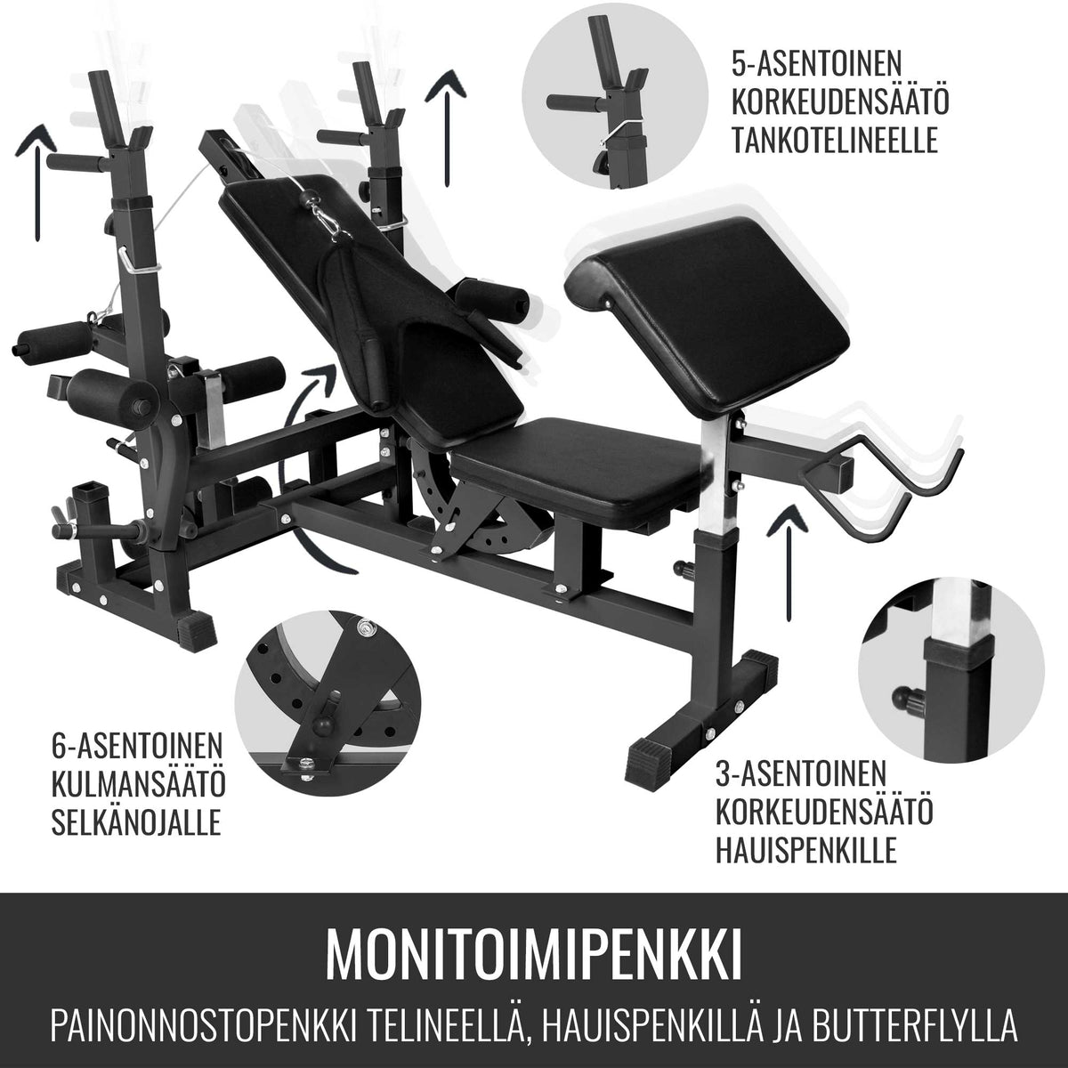 Säädettävä monitoimipenkki max 280 kg, Black Edition