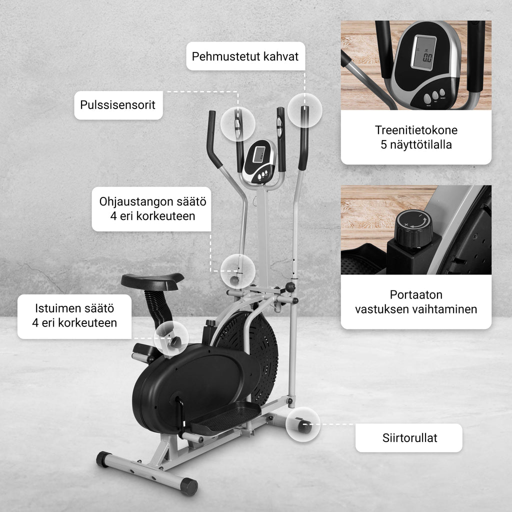 Crosstrainer satulalla, kahvoilla ja ajotietokoneella