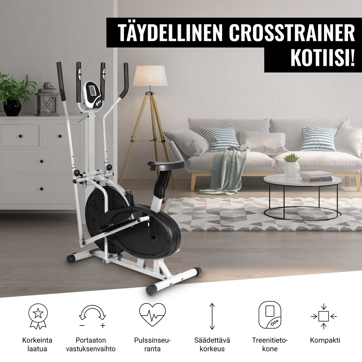 Crosstrainer satulalla, kahvoilla ja ajotietokoneella