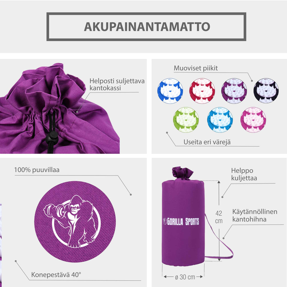 Piikkimatto ja tyyny kantolaukulla