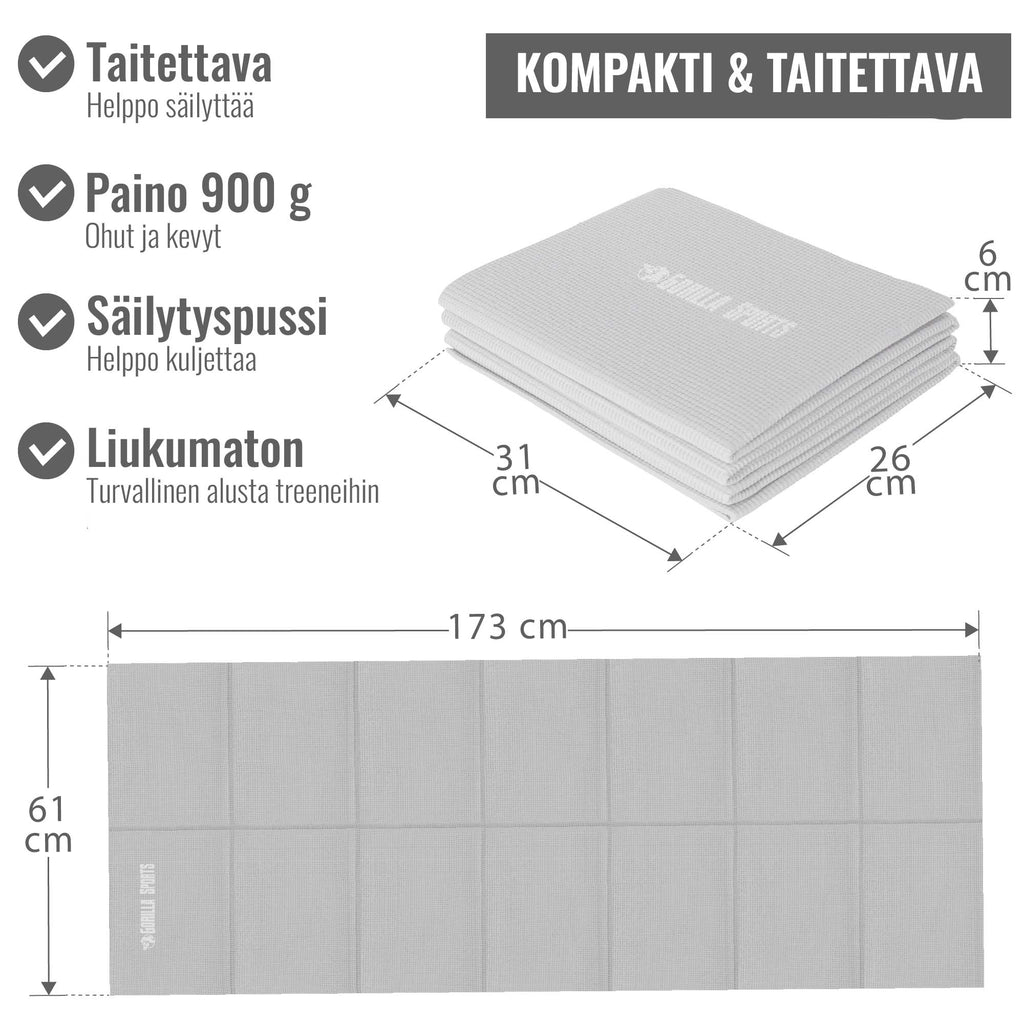 Taitettava joogamatto 4 mm kantolaukulla, harmaa