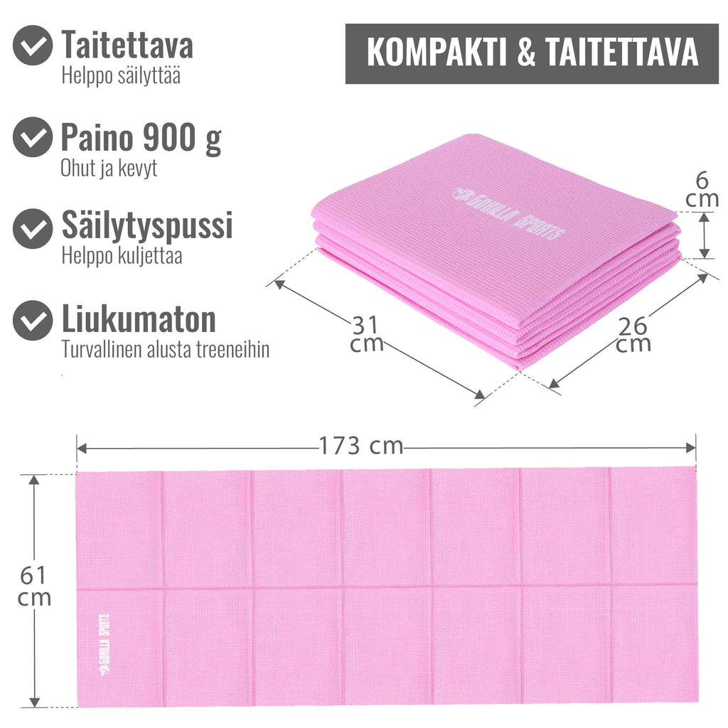 Taitettava joogamatto 4 mm kantolaukulla, pinkki