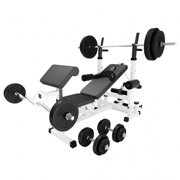 Säädettävä painonnostopenkki + 100 kg levytankosetti, valkoinen