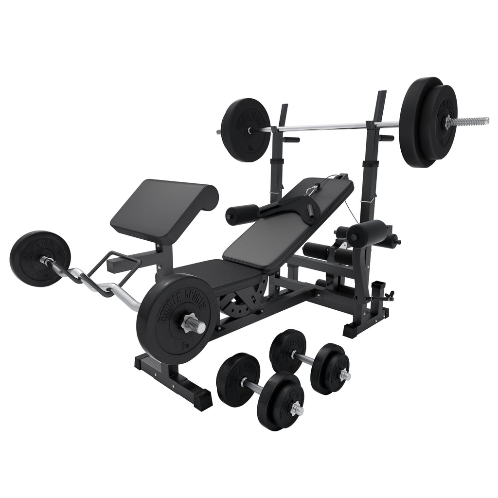 Säädettävä painonnostopenkki + 100 kg levytankosarja, Black Edition