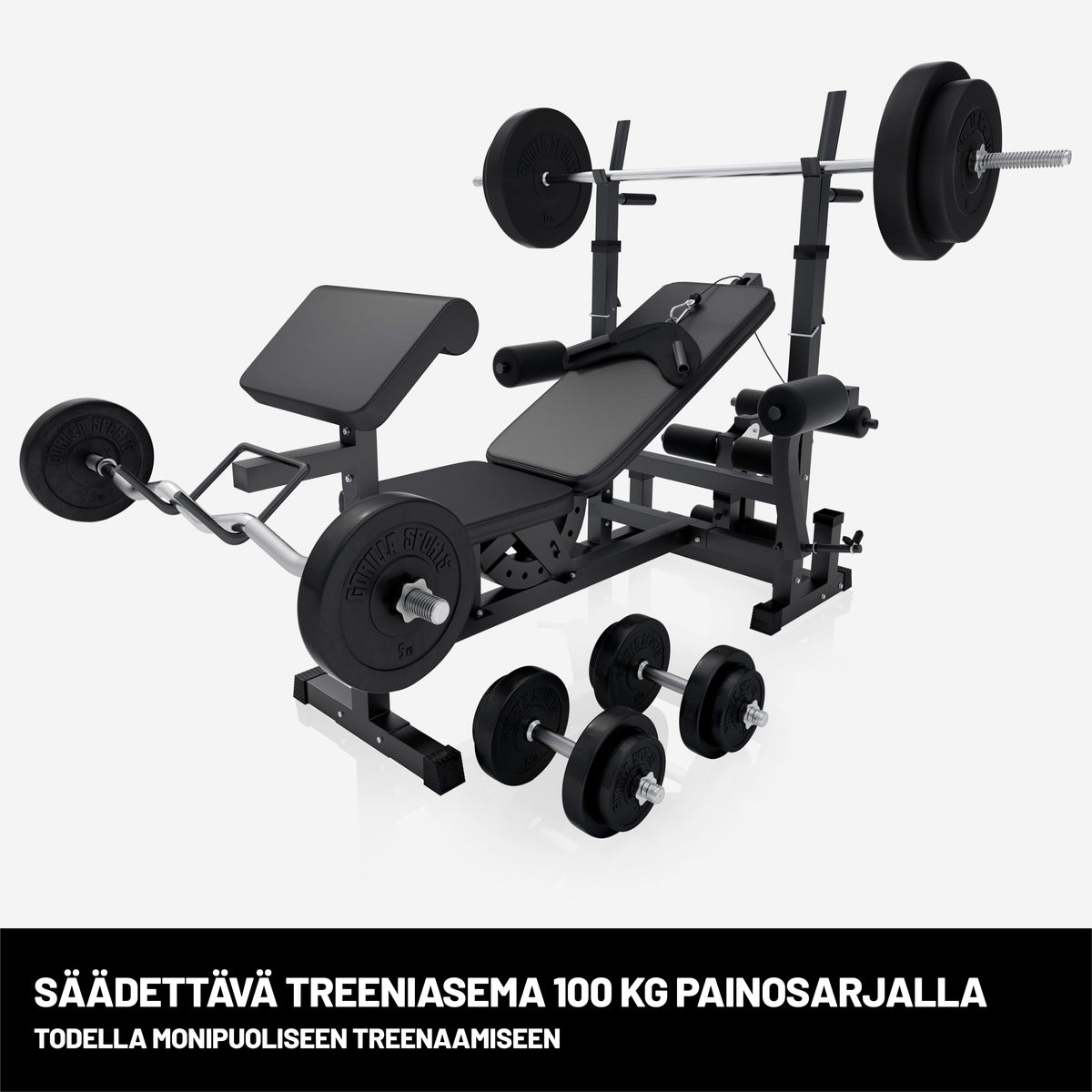 Säädettävä painonnostopenkki + 100 kg levytankosarja, Black Edition