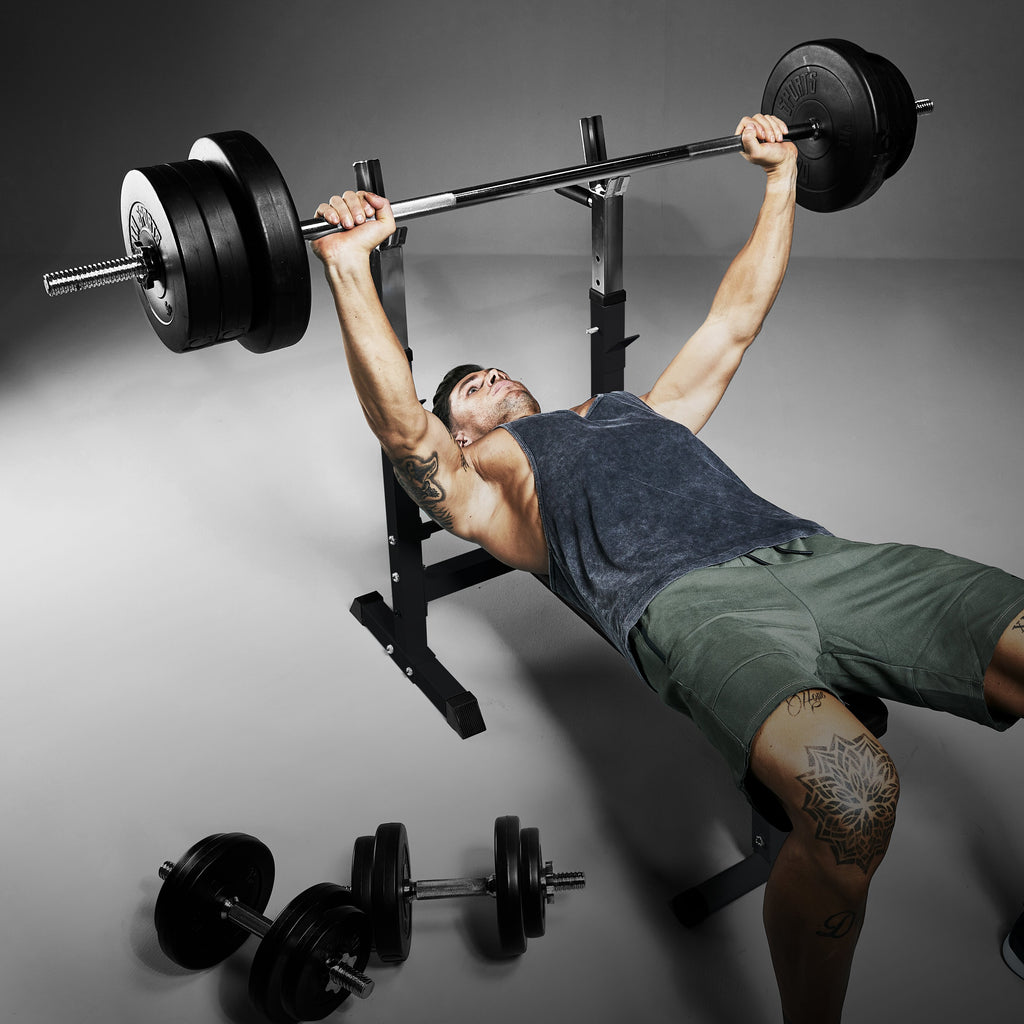 Säädettävä painonnostopenkki + 70 kg levytankosarja