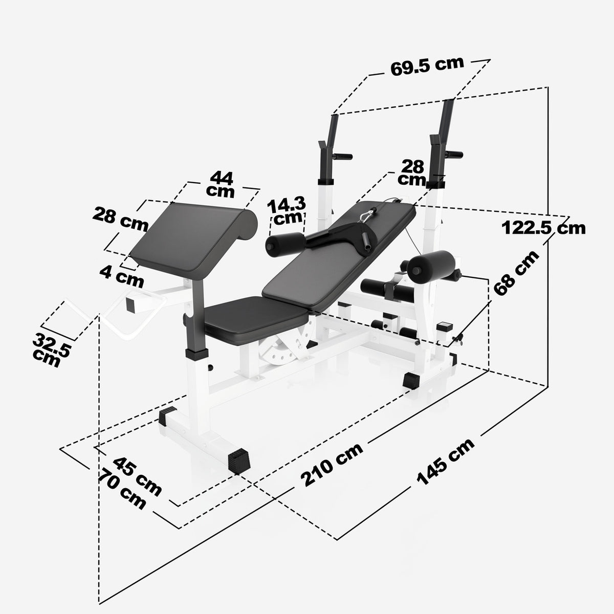Säädettävä monitoimipenkki max 280 kg, valkoinen