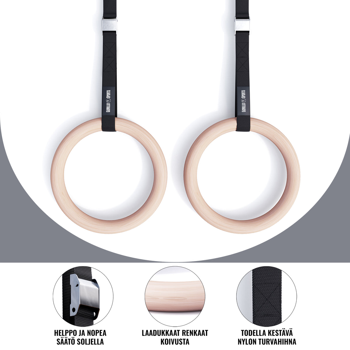 Puiset voimistelurenkaat 23 cm hihnoilla