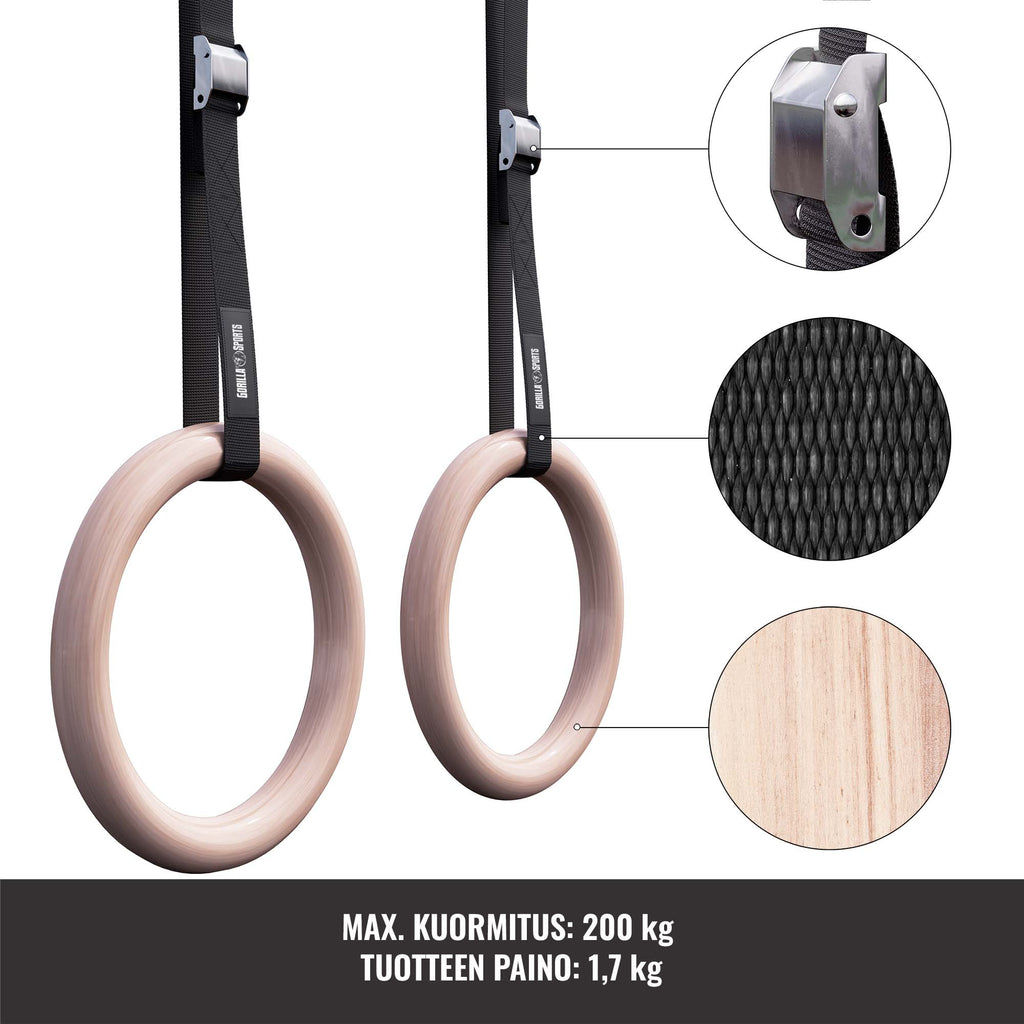 Puiset voimistelurenkaat 23 cm hihnoilla