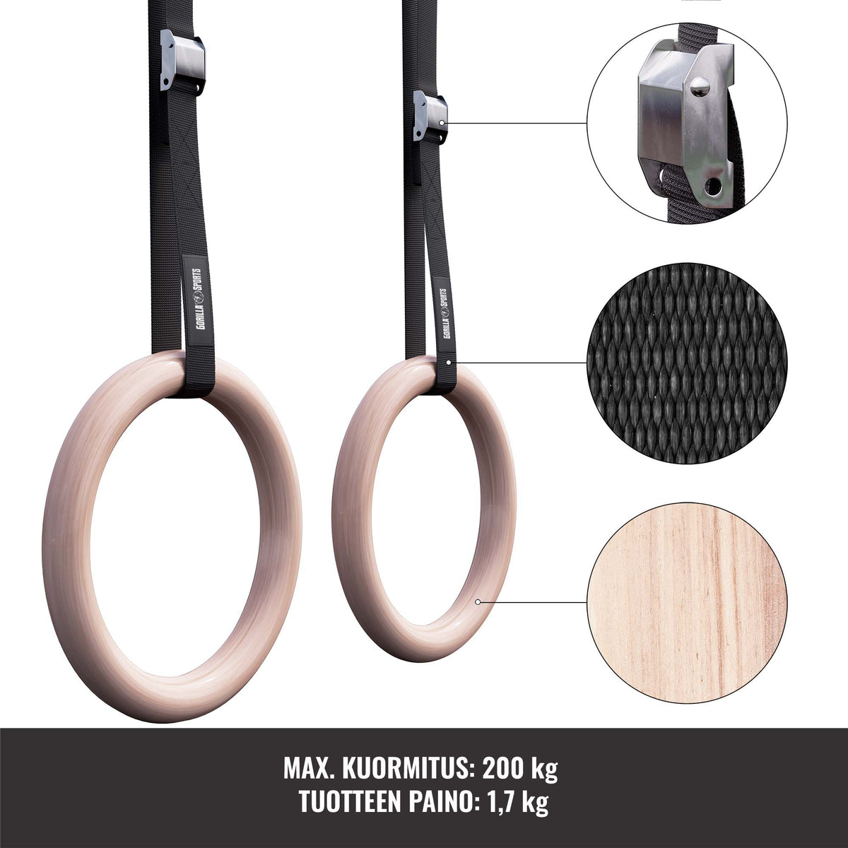Puiset voimistelurenkaat 23 cm hihnoilla