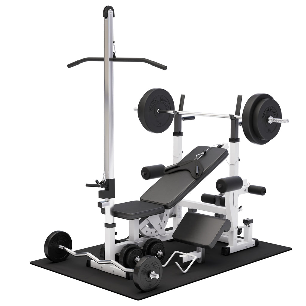 Painonnostopenkki ylätaljalla + 100 kg levytankosarja ja suojamatto