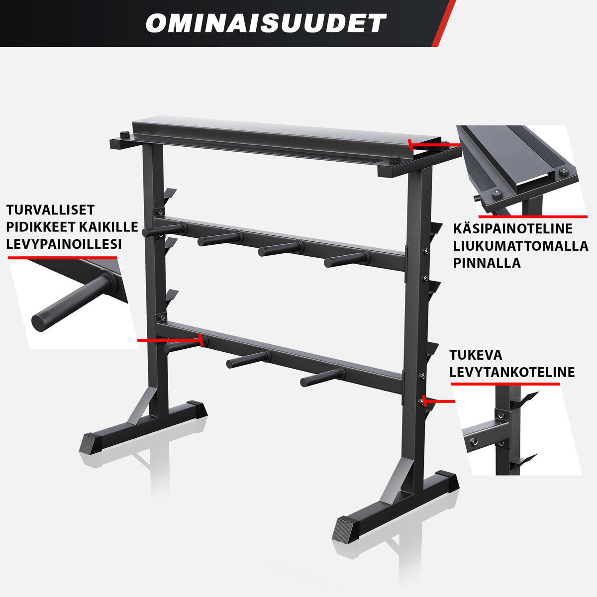 3-In-1 painoteline levypainoille, käsipainoille ja tangoille, musta