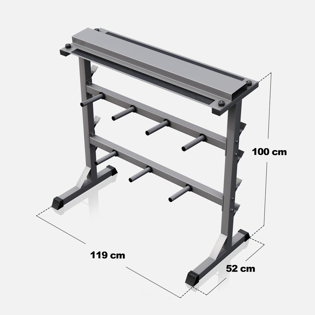 3-In-1 painoteline levypainoille, käsipainoille ja tangoille, harmaa