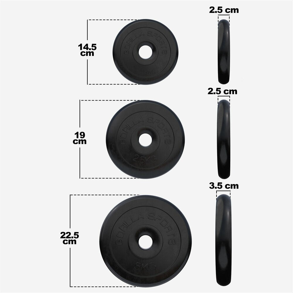 Kumiset levypainot 30 mm, 2 x 1,25 kg + 2 x 2,5 kg + 4 x 5 kg