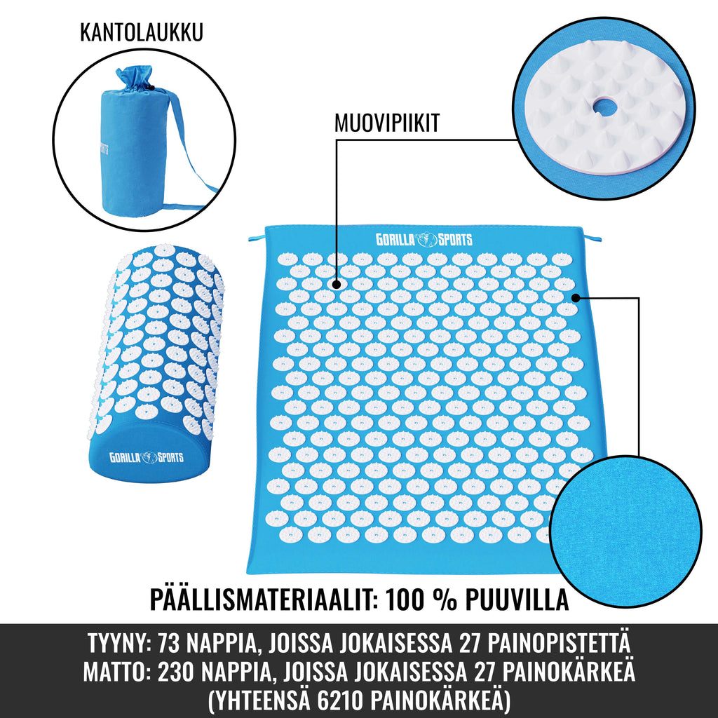 Piikkimatto ja tyyny kantolaukulla