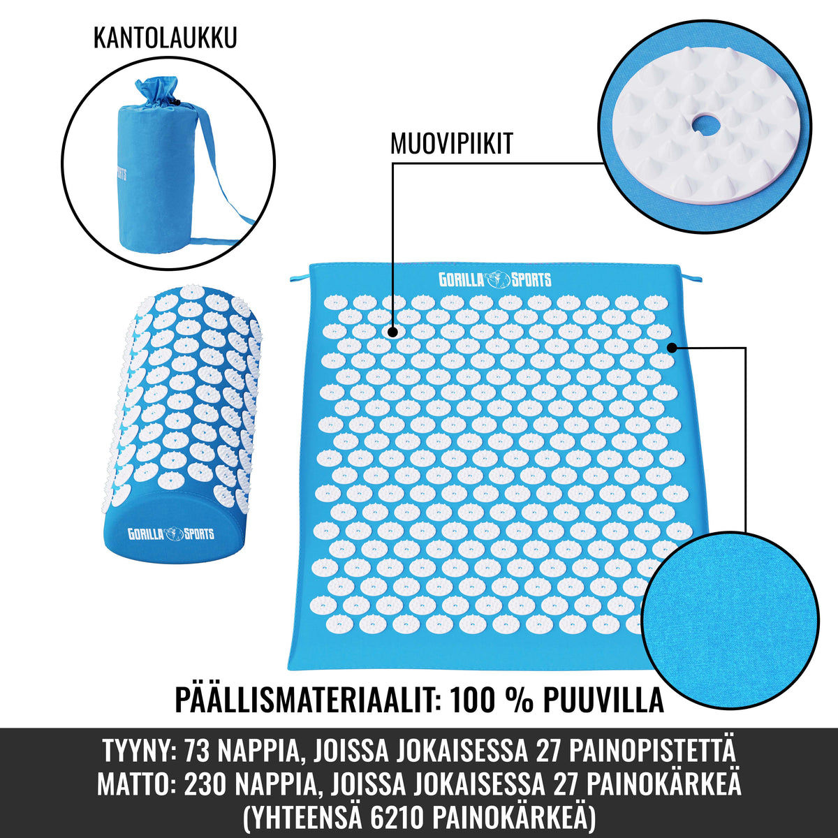 Piikkimatto ja tyyny kantolaukulla