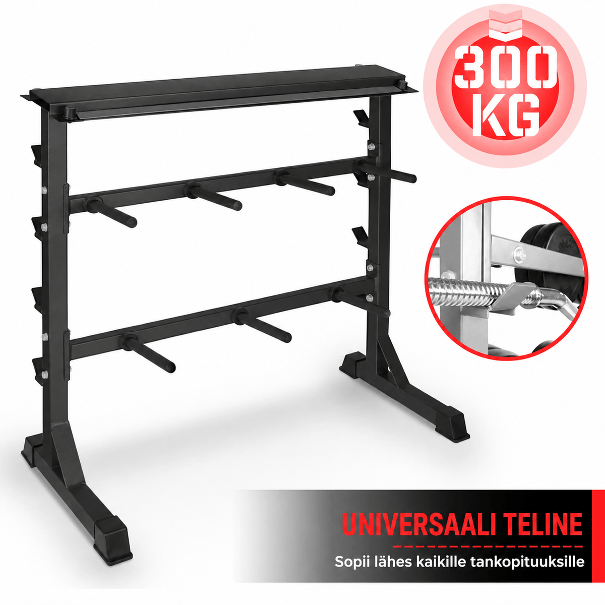 3-in-1 painoteline 30 mm levypainoille, käsipainoille ja levytangoille, musta