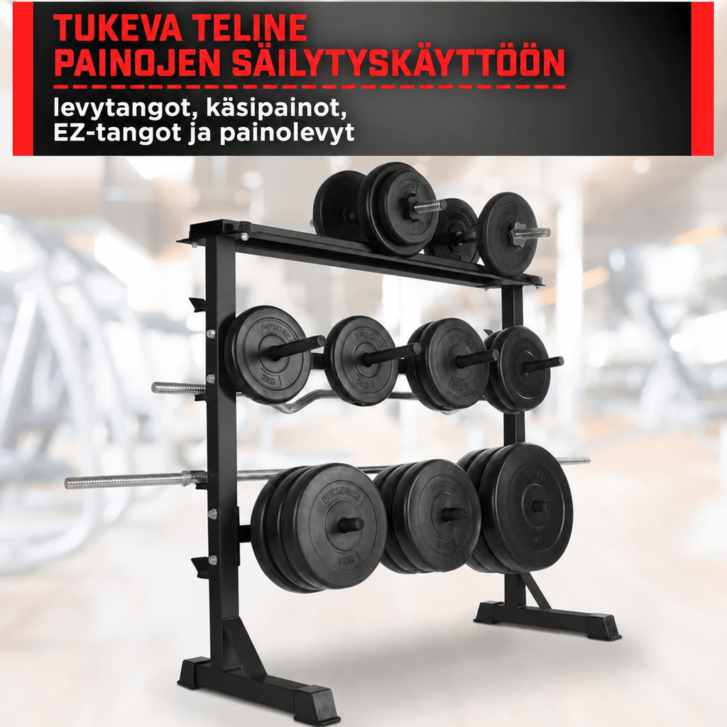3-in-1 painoteline 30 mm levypainoille, käsipainoille ja levytangoille, musta