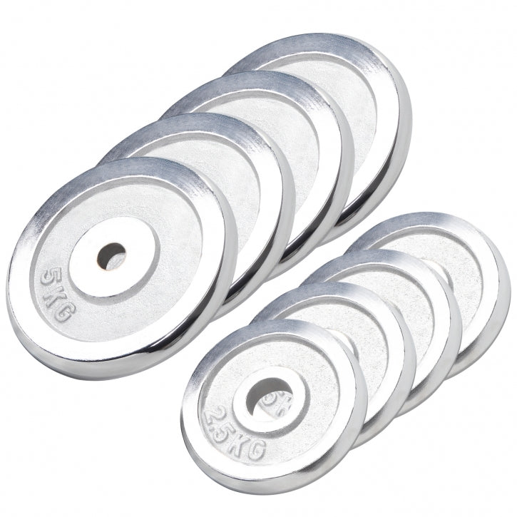 Kromatut levypainot 30 mm, 4 x 2,5 kg + 4 x 5 kg