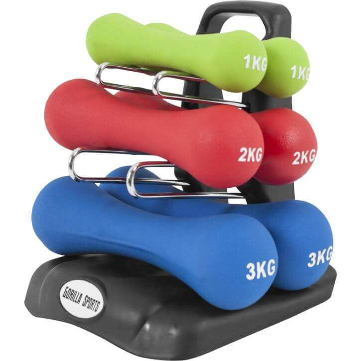 Neopreenikäsipainosetti 12 kg telineellä