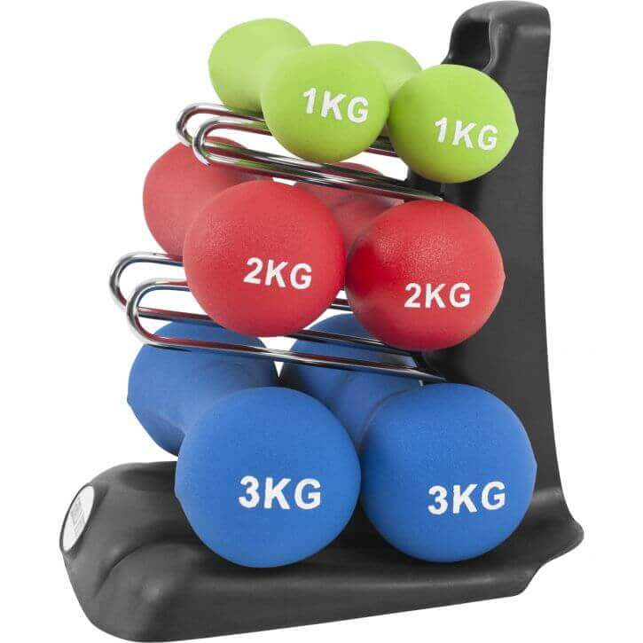 Neopreenikäsipainosetti 12 kg telineellä