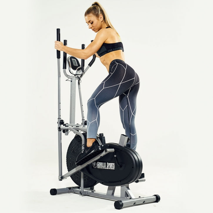Crosstrainer satulalla, kahvoilla ja ajotietokoneella