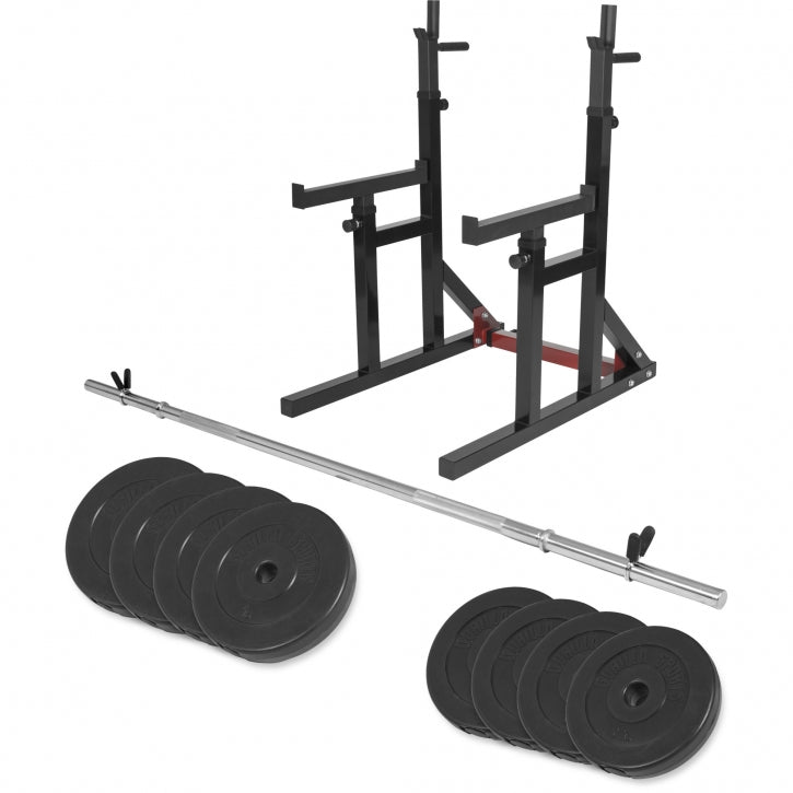 Säädettävä kyykkyteline, levytanko ja painot 40 kg