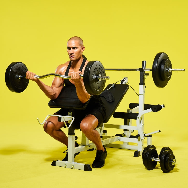Säädettävä painonnostopenkki + 100 kg levytankosetti, valkoinen