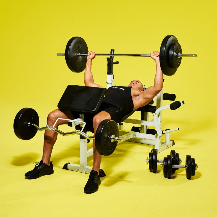 Säädettävä painonnostopenkki + 100 kg levytankosetti, valkoinen
