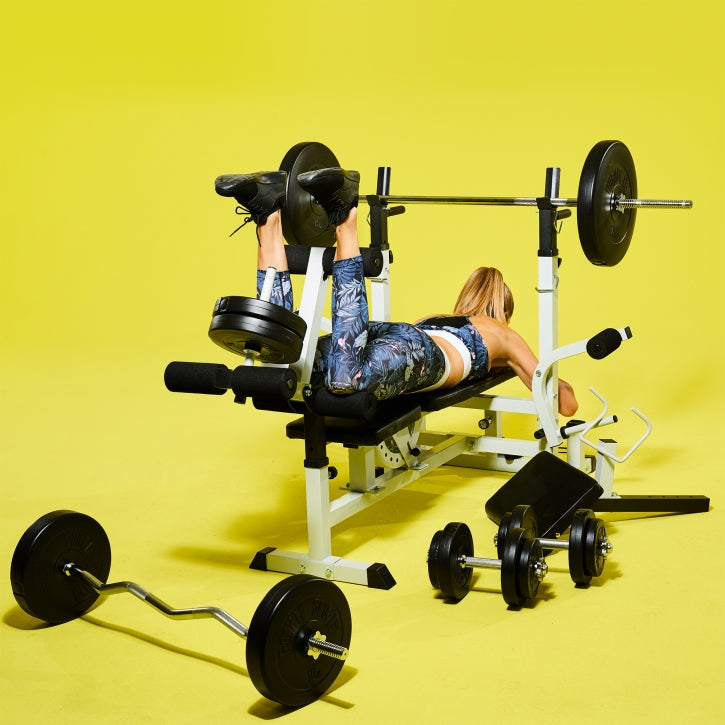 Säädettävä painonnostopenkki + 100 kg levytankosetti, valkoinen