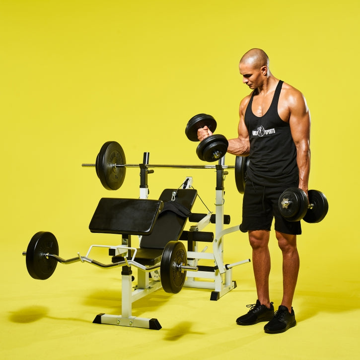 Säädettävä painonnostopenkki + 100 kg levytankosetti, valkoinen