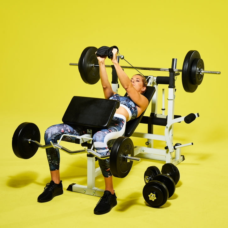 Säädettävä painonnostopenkki + 100 kg levytankosetti, valkoinen