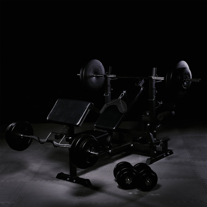 Säädettävä painonnostopenkki + 100 kg levytankosarja, Black Edition